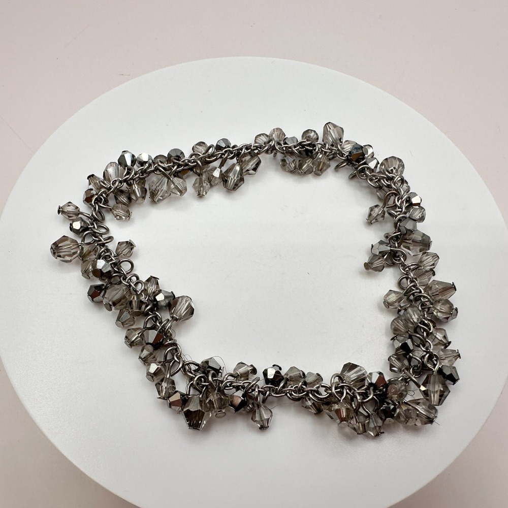 Vintage 90s Silver Tone Smoky Gray Beaded Bracelet Women's Y2K Jewelry